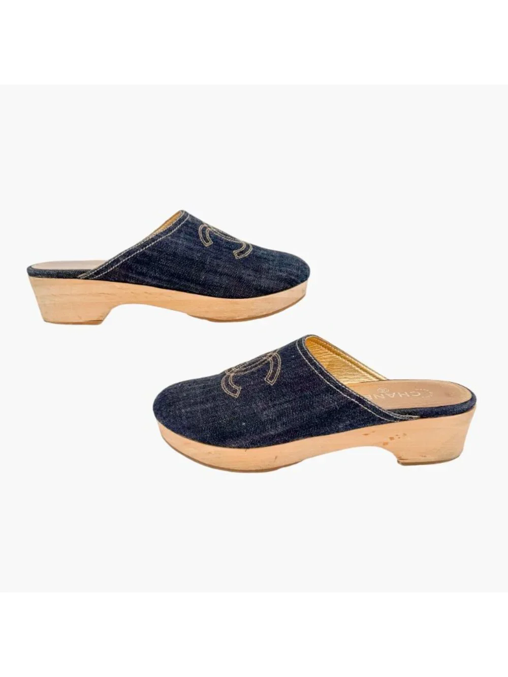 Chanel Denim CC Clogs Navy Blue Platform Mules Wooden Size 41 US 10-10.5 Women’s
